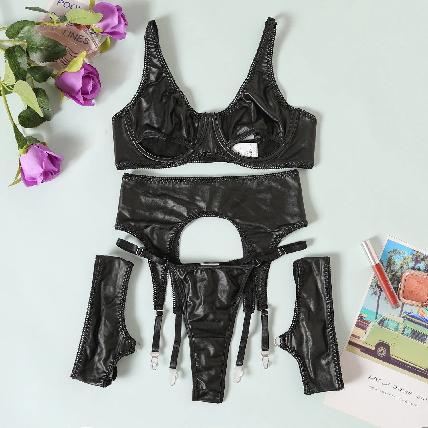 45391041036553|45391041069321|45391041102089 Fetish Pvc Lingerie Sissy Cup Out PU Leather Set