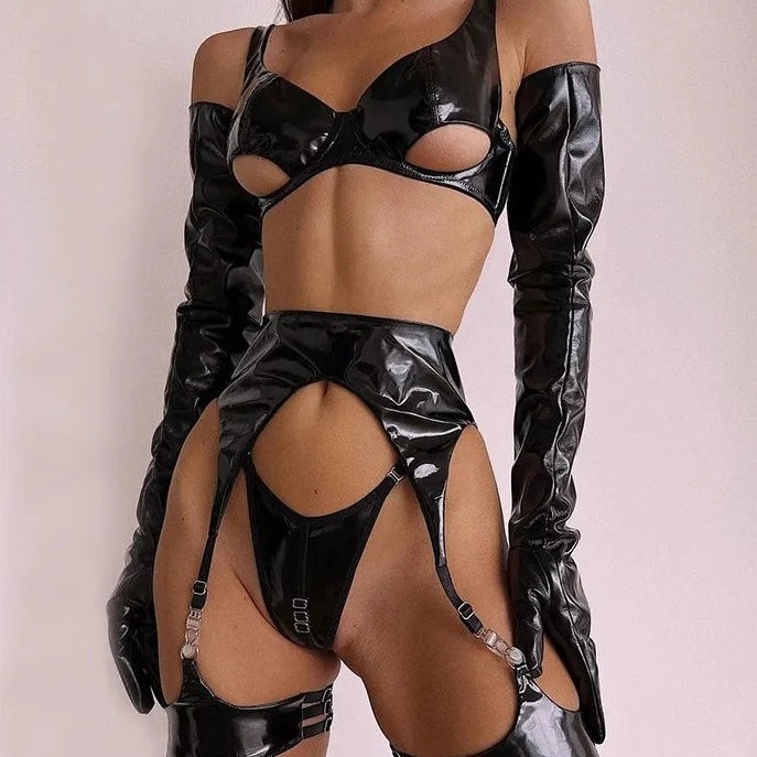 Fetish Pvc Lingerie Sissy Cup Out PU Leather Set