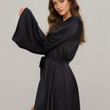 Long Sleeve Belt Satin Night Robe - Guan
