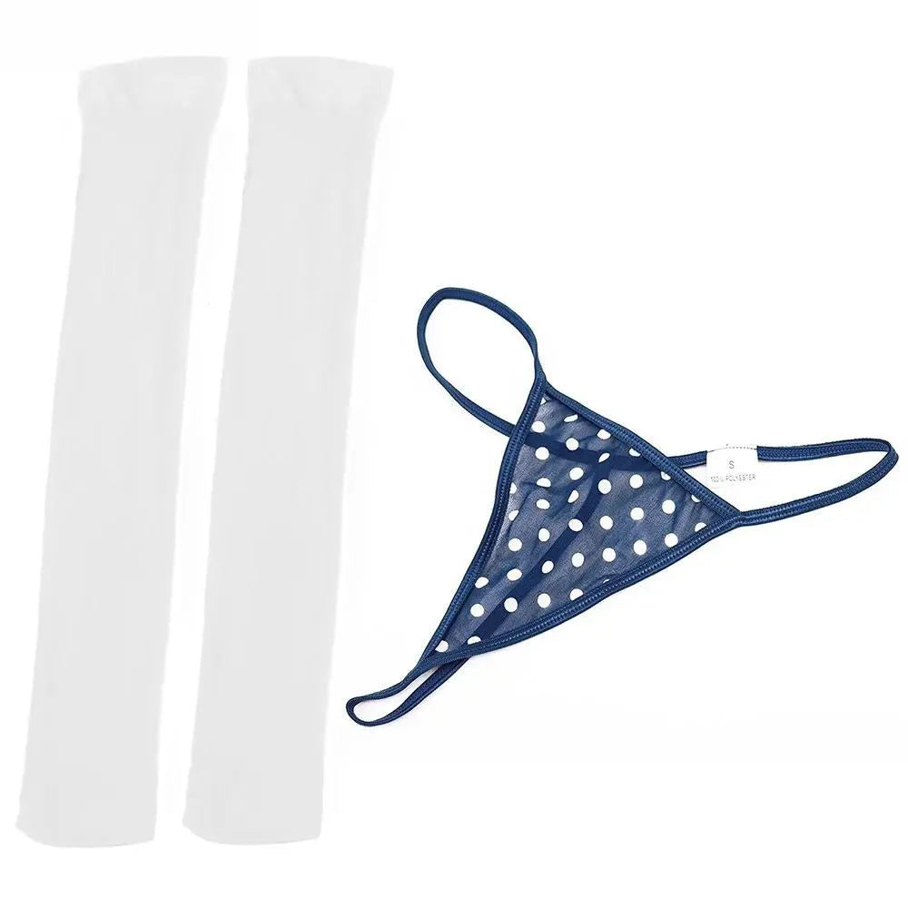 Polka Dot Lingerie 5-Piece Off Shoulder Ruffled Top Skirt Thongs Stocking Set Guan