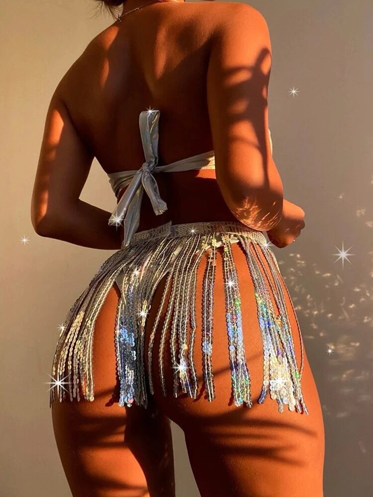 Glitter Bikini 3-Piece Set Sexy Tube Top Sequin Skirt & Thong