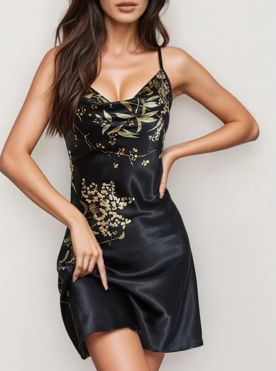 Floral Print Nightdress V Neck Spaghetti Strap - Guan