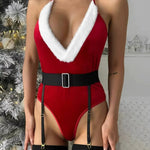 Ellolace Bunny Christmas Lingerie Bodysuit Velvet Red Erotic Costumes Hair Band Deep-V Sweet Girl Festival Set Woman 3 Pieces Guan