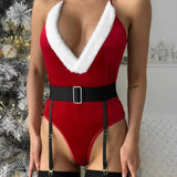 Ellolace Bunny Christmas Lingerie Bodysuit Velvet Red Erotic Costumes Hair Band Deep-V Sweet Girl Festival Set Woman 3 Pieces Guan