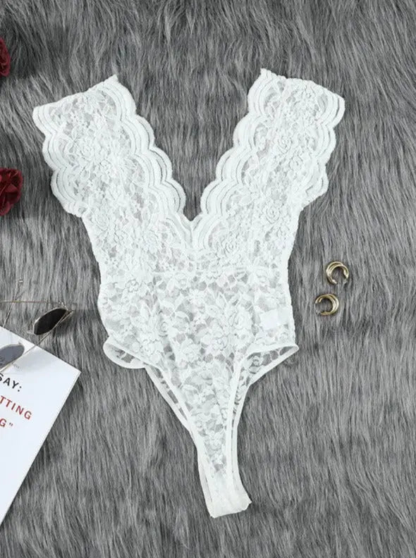 One Piece Lace Wavy Backless Lingerie Jumpsuit - Guan