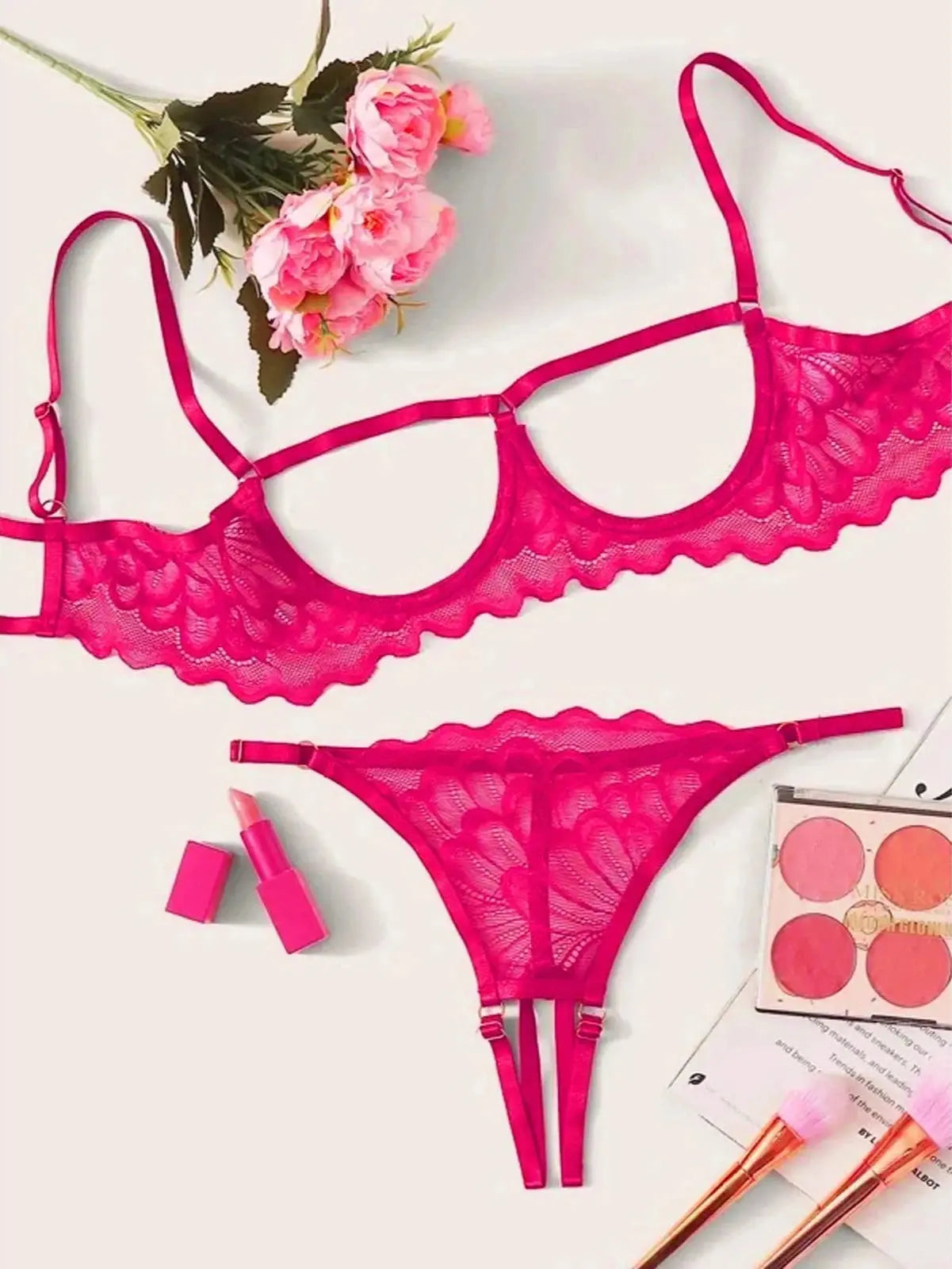 45116155756809|45116155887881|45116155953417|45116156084489 Crotchless Lingerie Open Bra Set