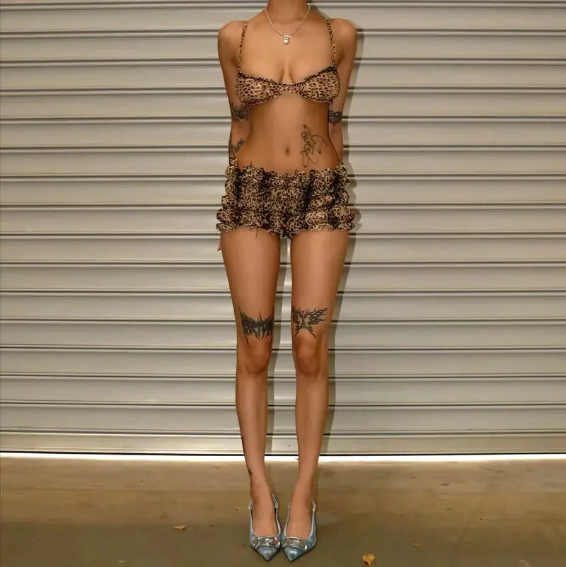 Frill Trim Leopard Print Set Guan