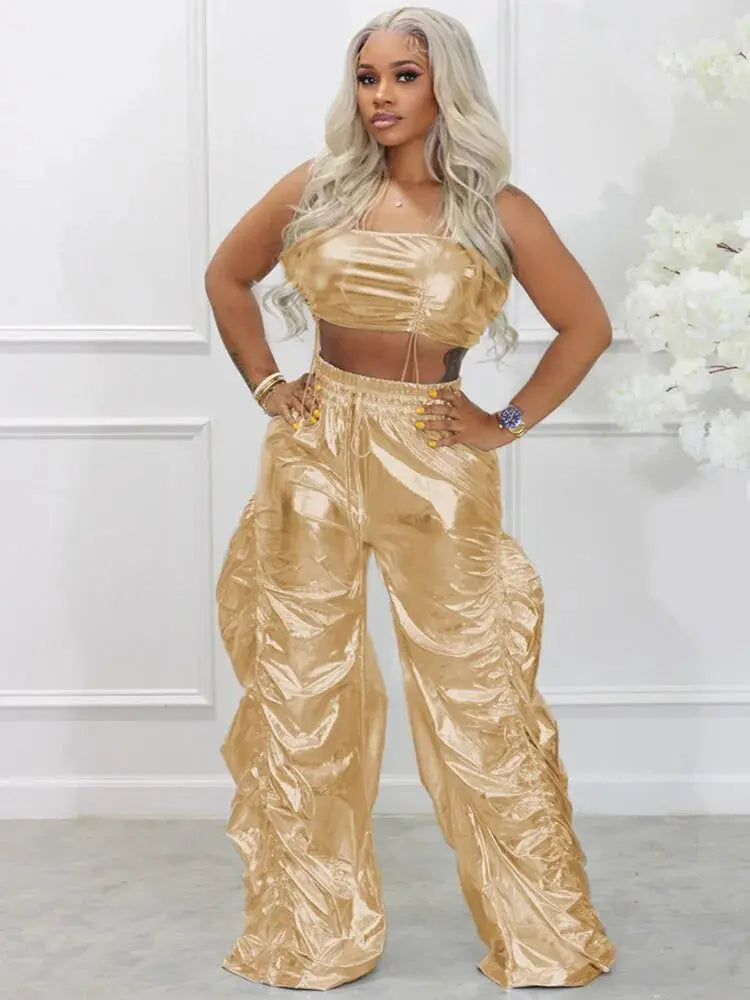 Metallic Two-Piece Rave Outfit Crop Top & Baggy Pants Set - Guan