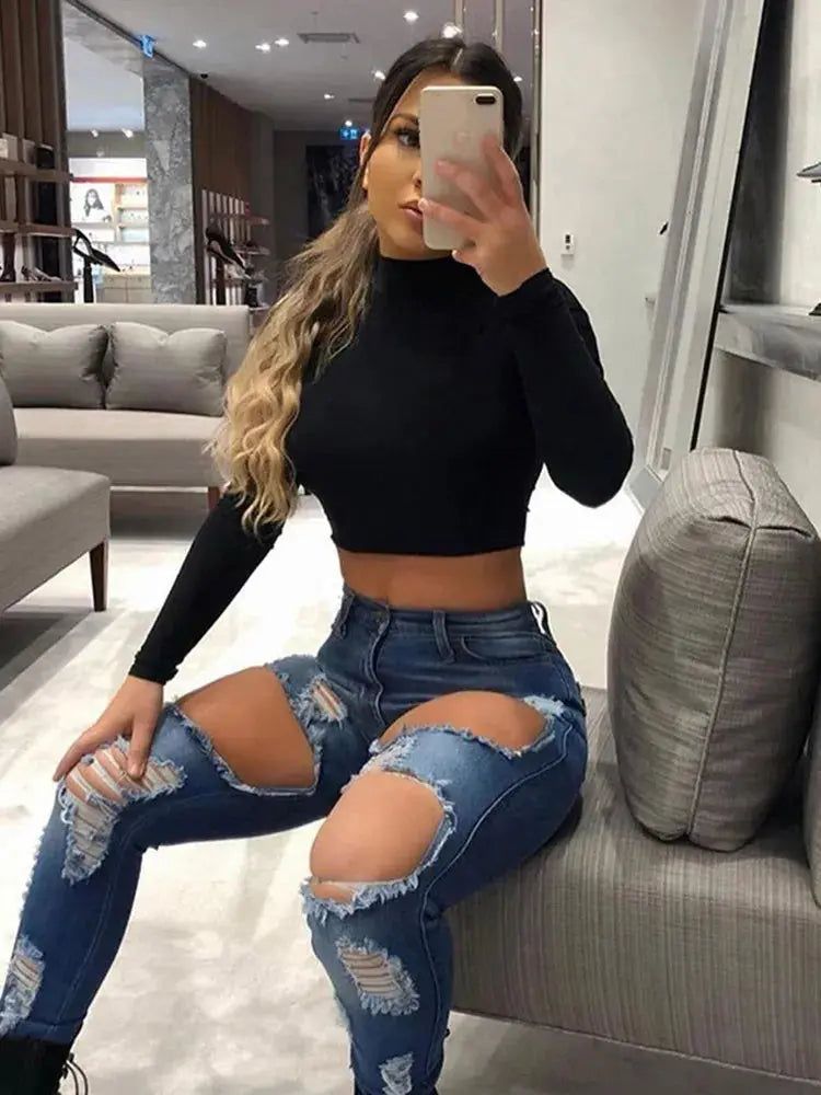Solid Long Sleeve Turtleneck Crop Top 