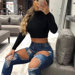 Solid Long Sleeve Turtleneck Crop Top 