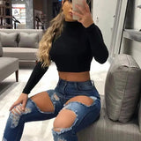 Solid Long Sleeve Turtleneck Crop Top 