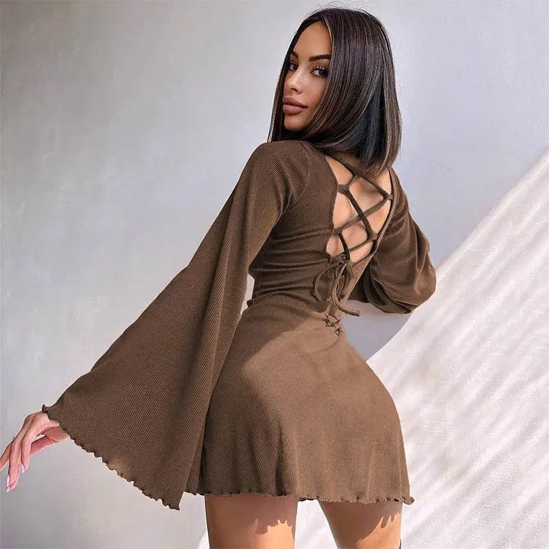 Sexy Dresses Nightclub Mini Short Party Dress Women Back Bandage O Neck A Line Flare Sleeves Autumn Vestidos Ladies Fall Robe Guan