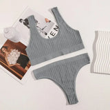 Seamless Bra Knitted Ribbed High Waist Thongs Set - Guan