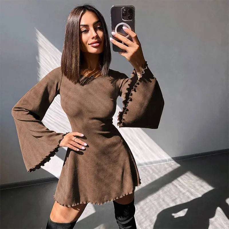 Sexy Dresses Nightclub Mini Short Party Dress Women Back Bandage O Neck A Line Flare Sleeves Autumn Vestidos Ladies Fall Robe Guan