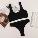 Seamless Bra Knitted Ribbed High Waist Thongs Set - Guan