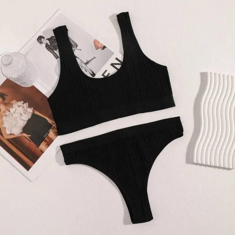 Seamless Bra Knitted Ribbed High Waist Thongs Set - Guan