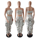 Metallic Two-Piece Rave Outfit Crop Top & Baggy Pants Set - Guan