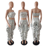 Metallic Two-Piece Rave Outfit Crop Top & Baggy Pants Set - Guan