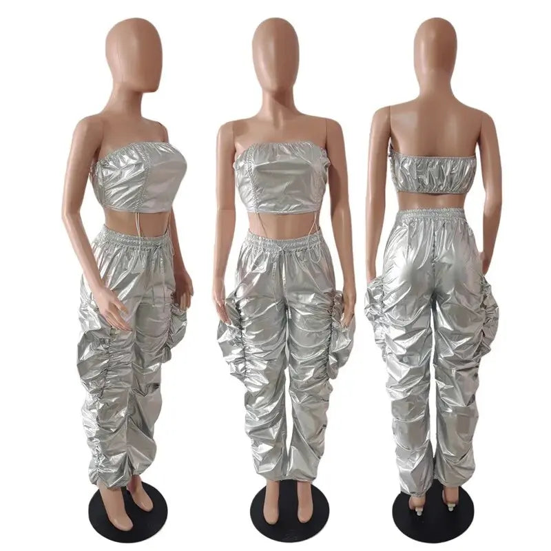 Metallic Two-Piece Rave Outfit Crop Top & Baggy Pants Set - Guan