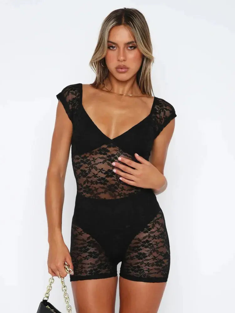 Lace Sheer V-Neck Bodysuit Femme Rave Romper Guan