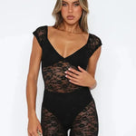 Lace Sheer V-Neck Bodysuit Femme Rave Romper Guan