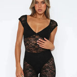 Lace Sheer V-Neck Bodysuit Femme Rave Romper Guan