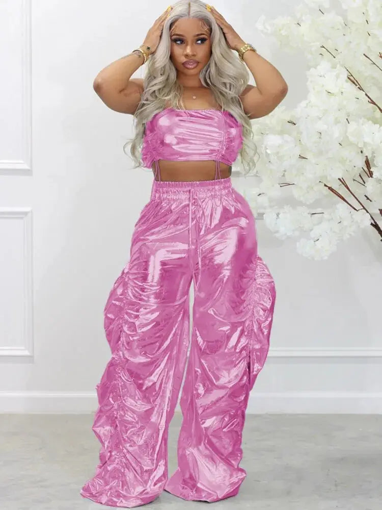 Metallic Two-Piece Rave Outfit Crop Top & Baggy Pants Set - Guan