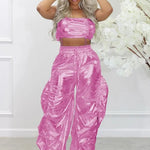 Metallic Two-Piece Rave Outfit Crop Top & Baggy Pants Set - Guan
