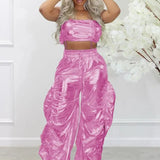 Metallic Two-Piece Rave Outfit Crop Top & Baggy Pants Set - Guan