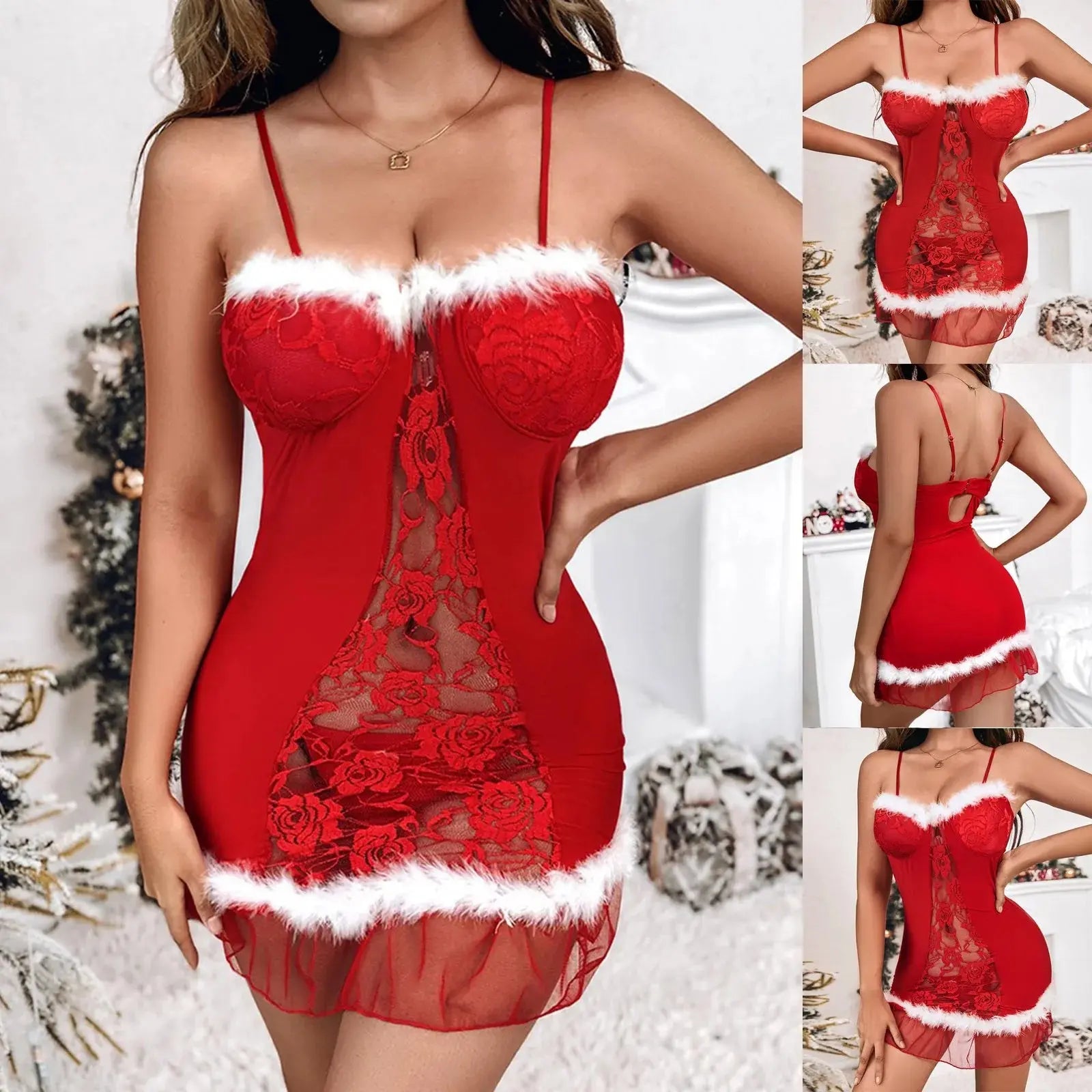 Sexy Lingerie Christmas Dress Hot Sexy Lingerie Erotic Transparent Sleepwear Red Lace Cosplay Costumes Ladies Babydoll For Gifts Guan