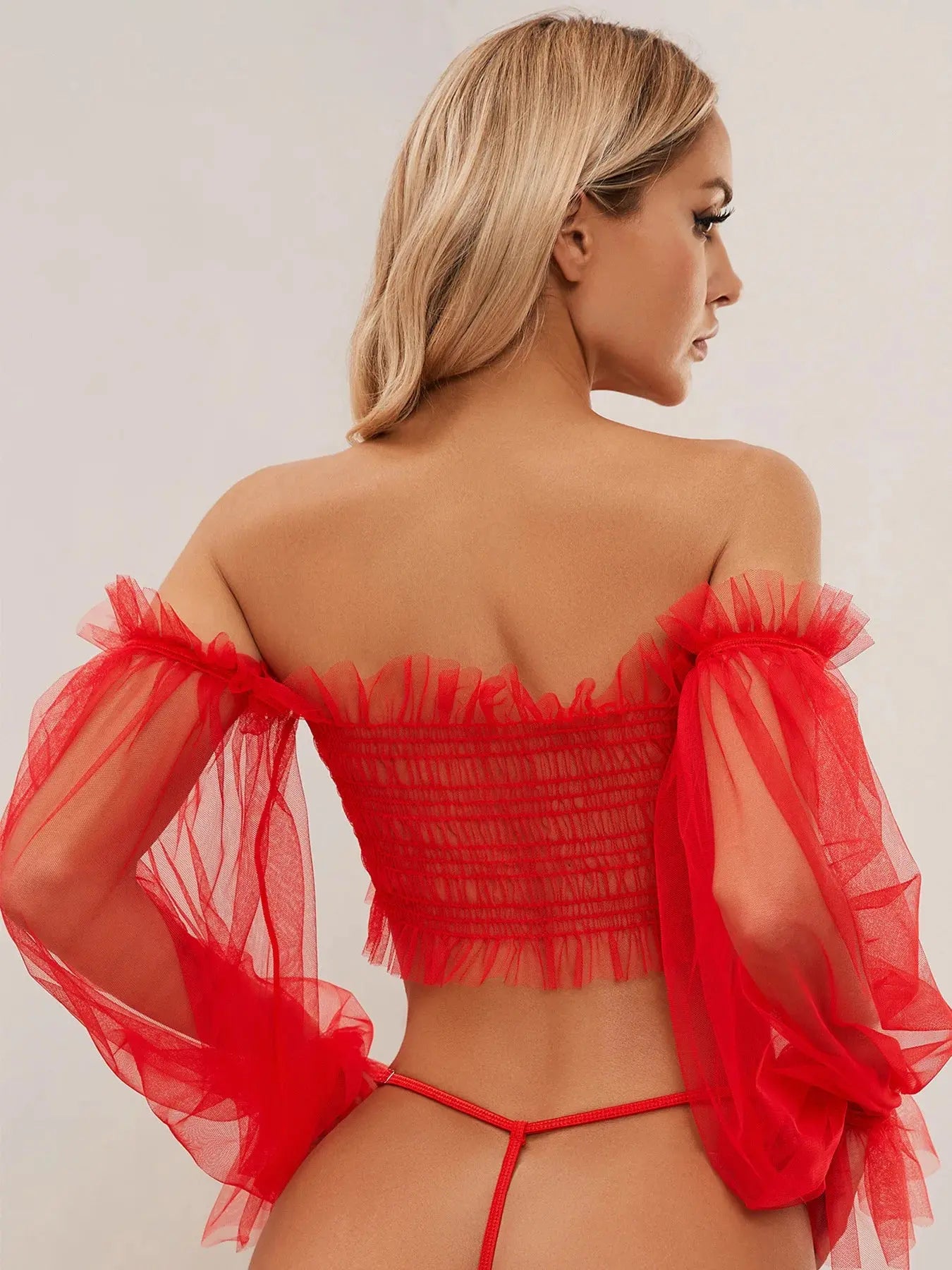 Ruffle Lingerie Off Shoulder Long Sleeve Set Guanstore