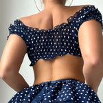 Polka Dot Lingerie 5-Piece Off Shoulder Ruffled Top Skirt Thongs Stocking Set Guan