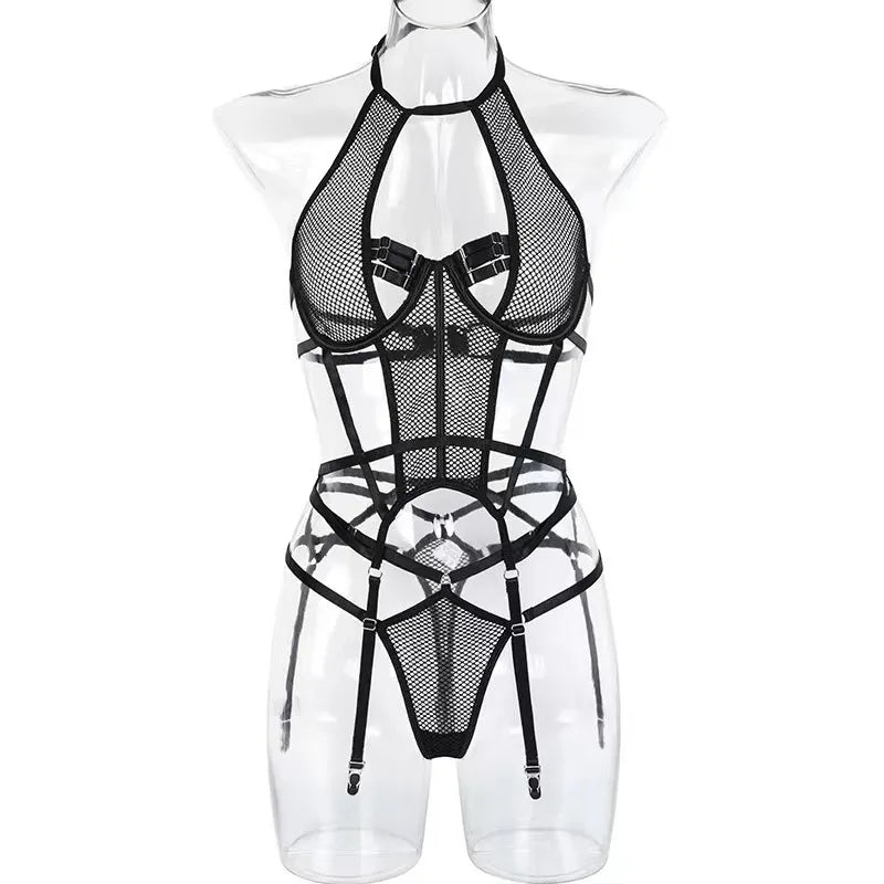 Mesh Garter Lingerie Body Suit Set