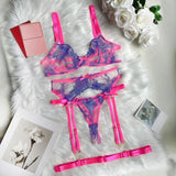 Pink Fancy Lingerie Floral Luxury Lace See Through Underwear Sensual Garter Belt Set Contrast Color Fairy Outfit - Guan