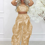 Metallic Two-Piece Rave Outfit Crop Top & Baggy Pants Set - Guan
