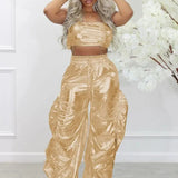 Metallic Two-Piece Rave Outfit Crop Top & Baggy Pants Set - Guan