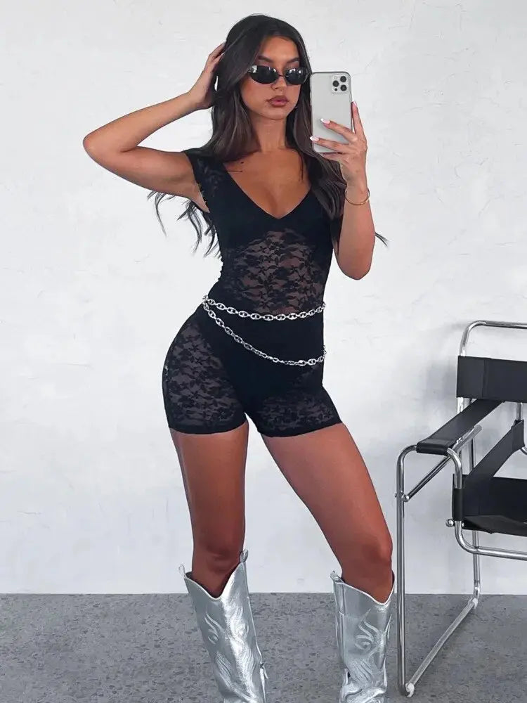 Lace Sheer V-Neck Bodysuit Femme Rave Romper Guan