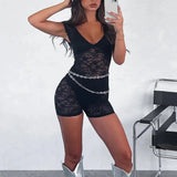 Lace Sheer V-Neck Bodysuit Femme Rave Romper Guan