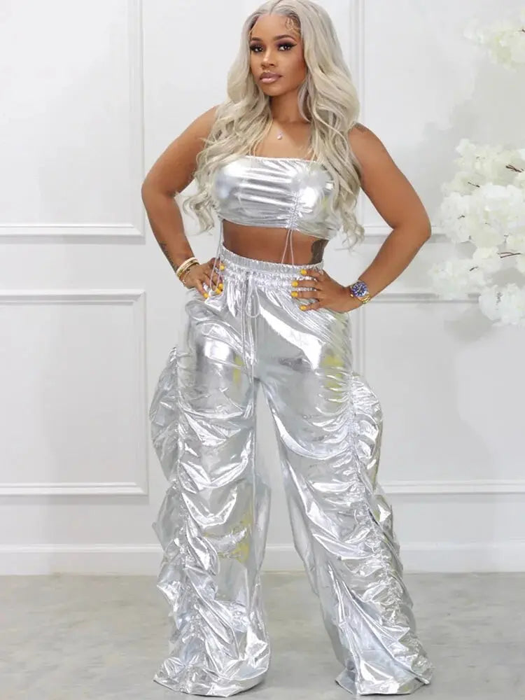 Metallic Two-Piece Rave Outfit Crop Top & Baggy Pants Set - Guan