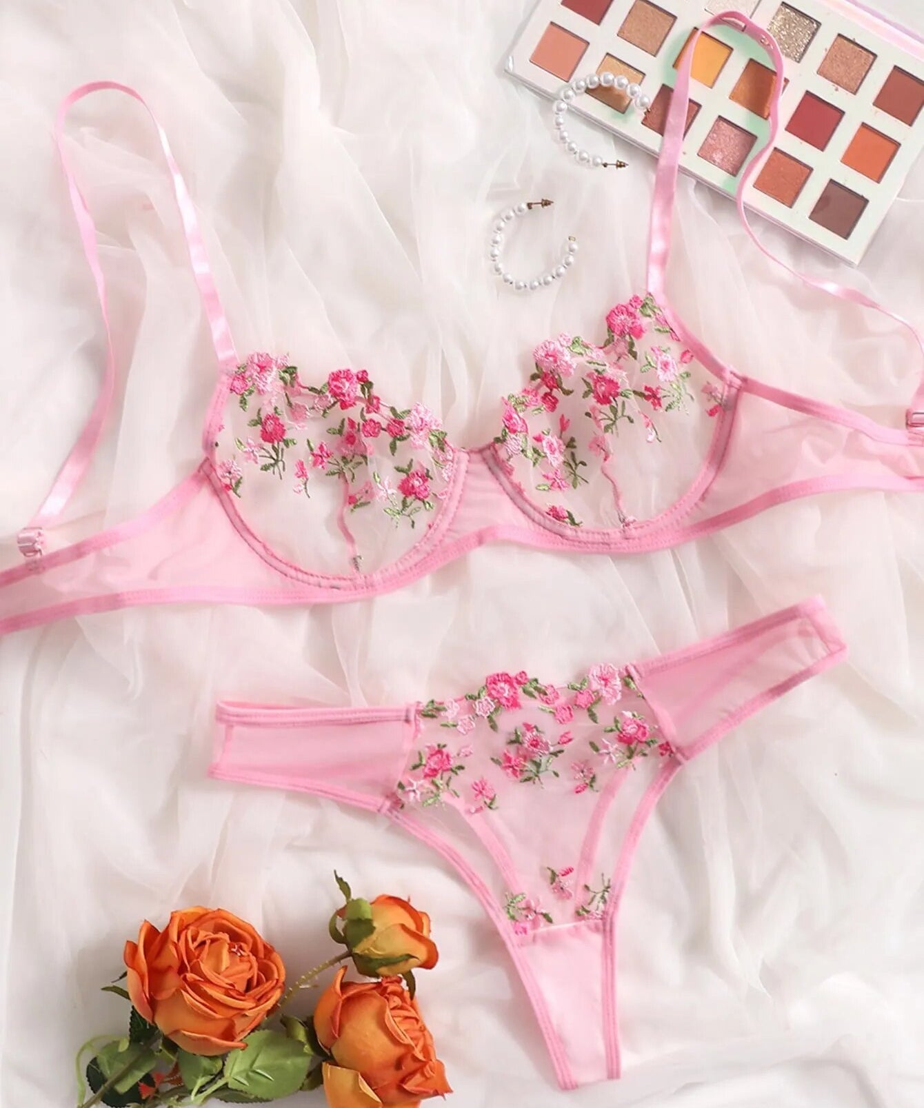 Floral Sexy Transparent Embroidery Lingerie Set