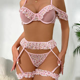 2024 popular printed fungus lace sexy suit thong underwear perspective sexy lingerie four piece set Guan