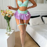 Ellolace Lingerie Sexy Hot Tulle Underwear Contrast Color Lace Ruffled Strap Garter Ensemble Lingeries Romantic Intim Goods Guan