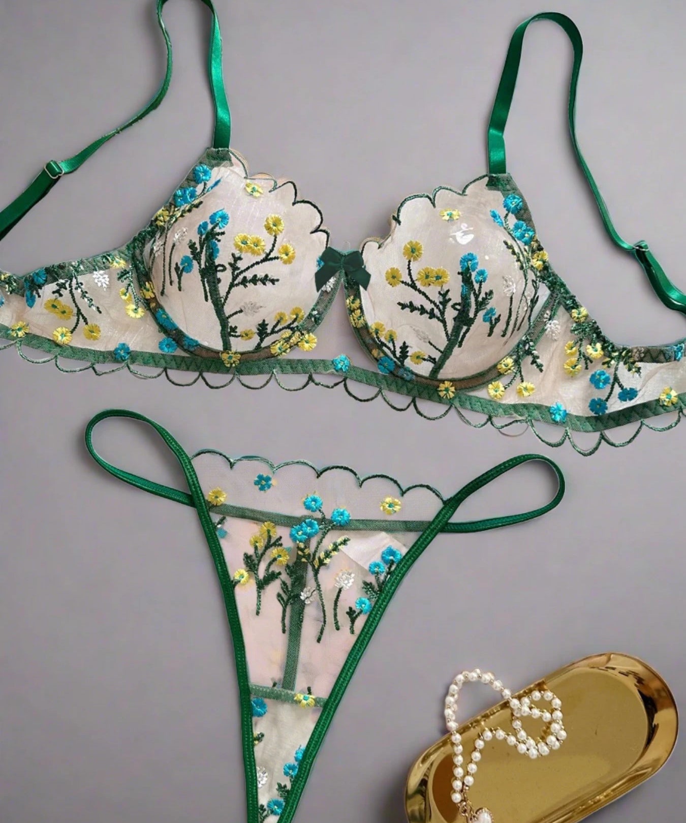 Floral Lingerie Set Women Embroidery Boho Bra Thong Intimates
