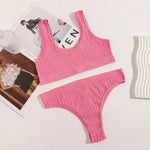 Seamless Bra Knitted Ribbed High Waist Thongs Set - Guan