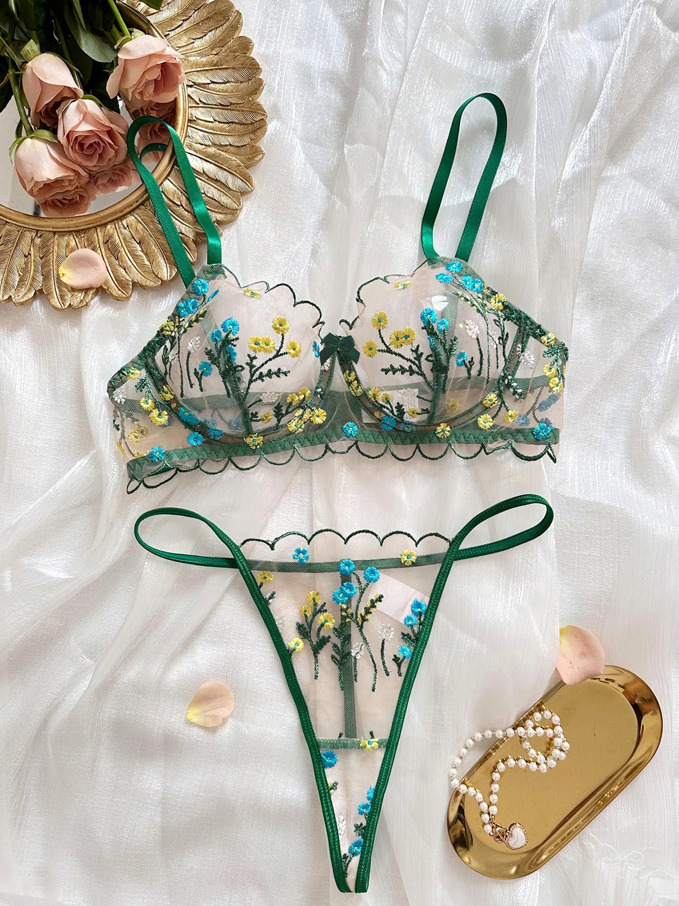 Floral Lingerie Set Women Embroidery Boho Bra Thong Intimates