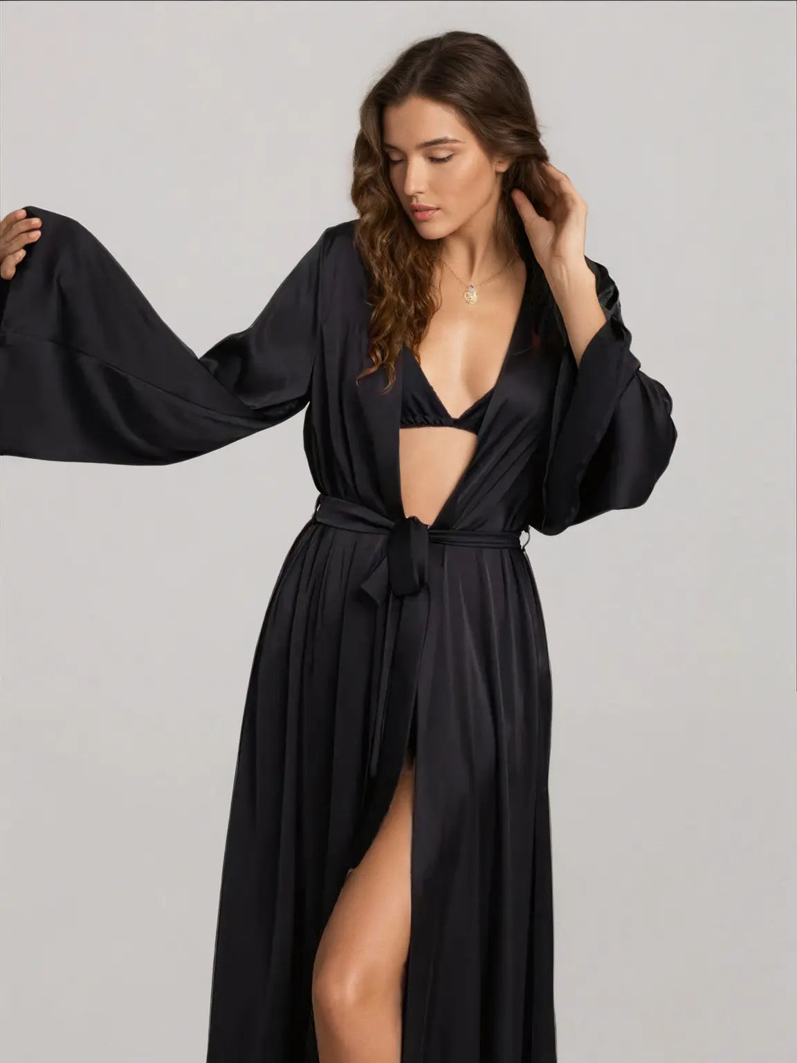 Long Sleeve Belt Satin Night Robe - Guan