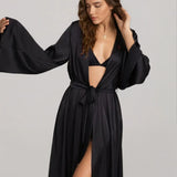 Long Sleeve Belt Satin Night Robe - Guan