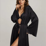 Long Sleeve Belt Satin Night Robe - Guan