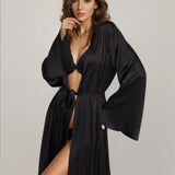 Long Sleeve Belt Satin Night Robe - Guan