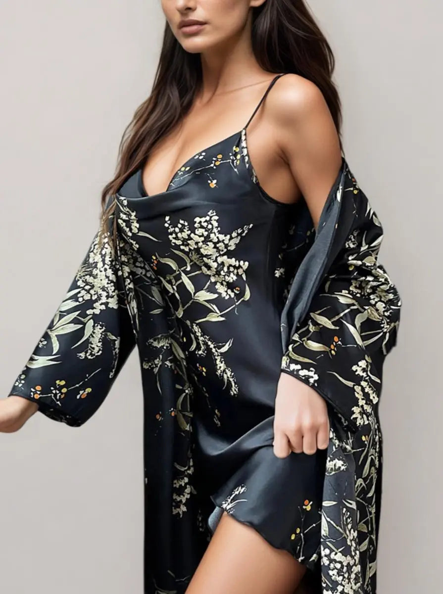 Four Seasons Floral Loungewear Robe Night Dress Set - Guan